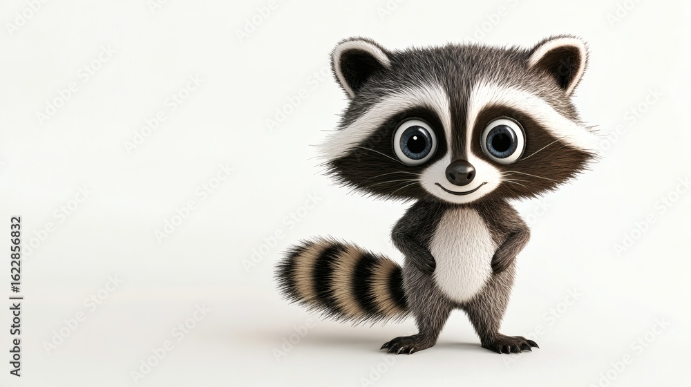 Fototapeta premium A cartoon raccoon stands with hands on hips.