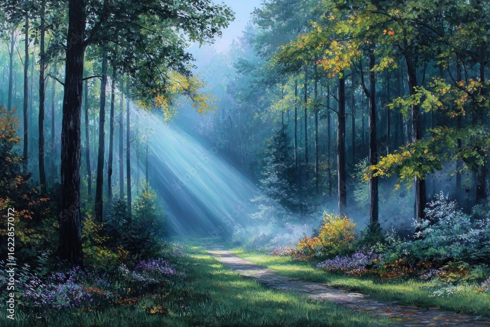 Obraz premium Sunlight path through misty forest