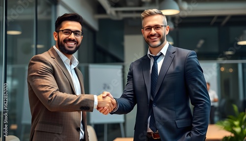 Two smiling businessmen in suits shaking hands in a bright office environment setting