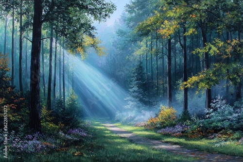 Sunlight path through misty forest