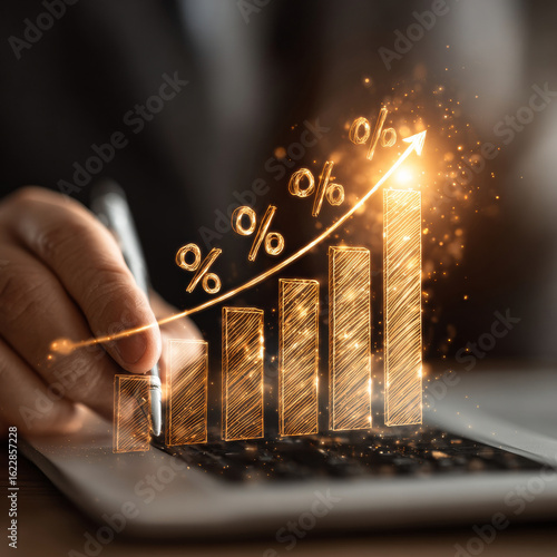 Business professional uses digital device to analyze financial growth, represented by glowing bar graph with percentage symbols and upward arrow, symbolizing success