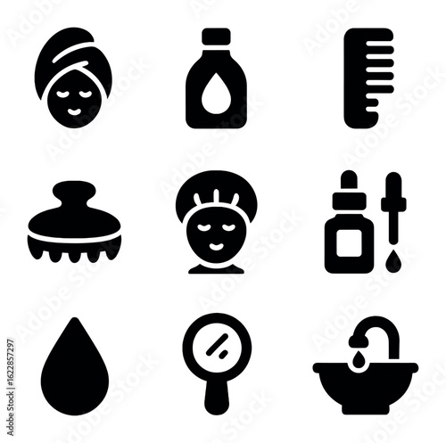 Hair Spa Icons. olid, filled icons set of hair spa treatment: head towel, hair oil, comb, scalp brush, heat