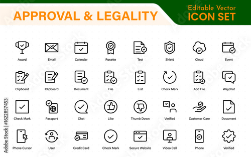 Approval and legality icons in outline style. Includes thin line vector icons for legal documents, verification, certification, signatures, consent, and compliance.