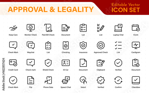 Approval and legality icons in outline style. Includes thin line vector icons for legal documents, verification, certification, signatures, consent, and compliance.