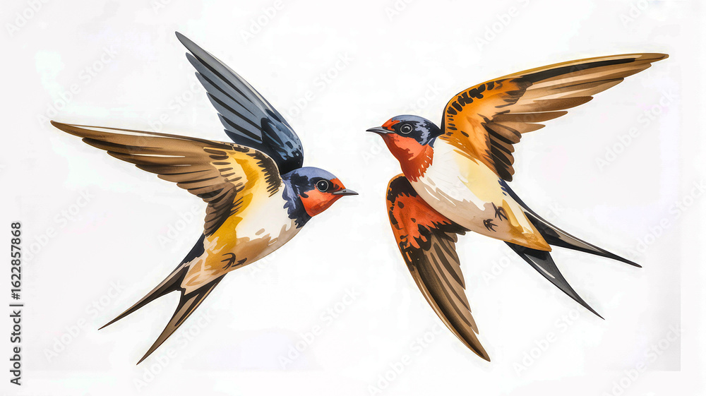 Obraz premium Two colorful swallows in flight birds flying