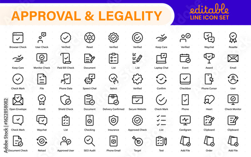Approval and legality icons in outline style. Includes thin line vector icons for legal documents, verification, certification, signatures, consent, and compliance.
