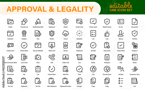 Approval and legality icons in outline style. Includes thin line vector icons for legal documents, verification, certification, signatures, consent, and compliance.