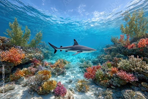 Fototapeta Naklejka Na Ścianę i Meble -  Shark in vibrant coral reef