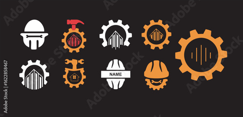 set of labor helmet icon with gear cog, Civil Engineering Vector Logo Template, Building Realty Construction Architecture Compass Line Art Logo