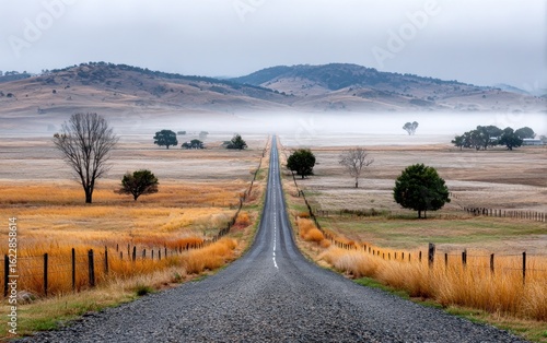 Country road through a misty landscape