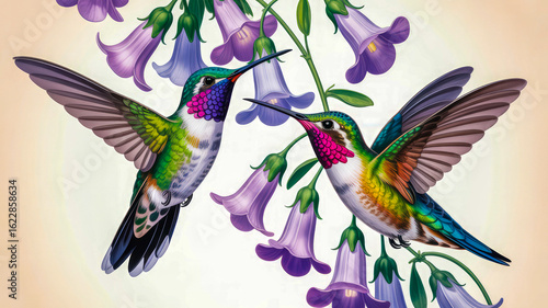 Two hummingbirds near purple flowers nature