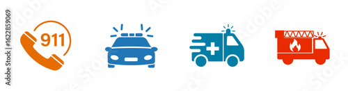 Emergency call icon with police car, ambulance, fire truck, 911 call.