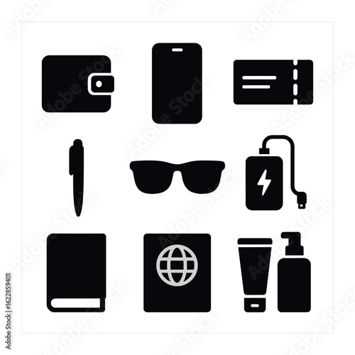 Travel Essentials Icons. olid, filled icons set of flat lay short trip gear: wallet, phone, ticket, pen,