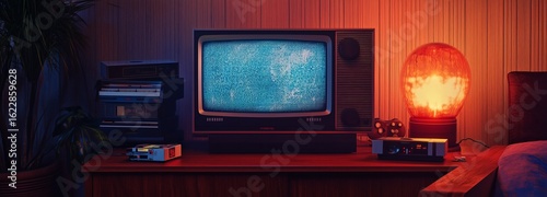 Retro TV viewer and game console with VHS video recordings and a luminous camera in an indoor room of interest and other entertainment and retro technology