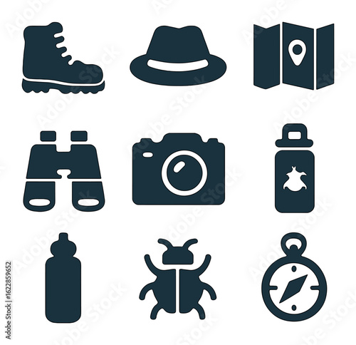 Adventure Gear Icons. olid, filled icons set of flat lay adventure holiday: boots, hat, map, binoculars,