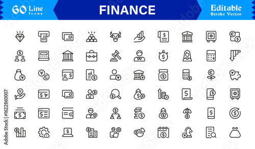 Finance Icon Set Featuring Banking, Investment, Currency, and Money Symbols in Clean Vector Style