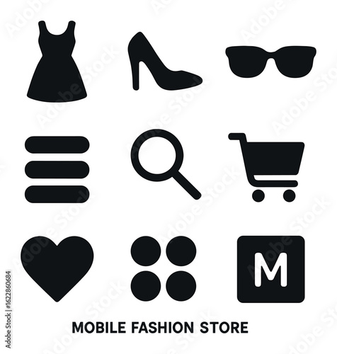 Fashion Icon Grid. olid, filled icons set of mobile fashion store: dress icon, shoe icon, sunglasses, category