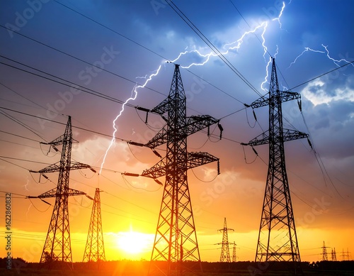 Power lines at sunset with lightning