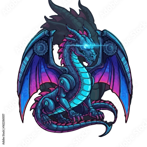 Concept art of a formidable blue mecha dragon with cybernetic enhancements and vibrant neon wings.