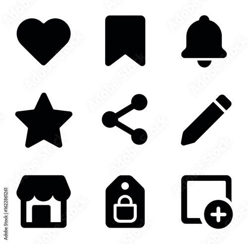 Mobile Wishlist Icons. olid, filled icons set of mobile wishlist features: heart icon, saved item, reminder