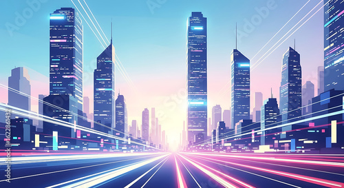 Modern city skyline with skyscrapers and light trails on the street at dusk