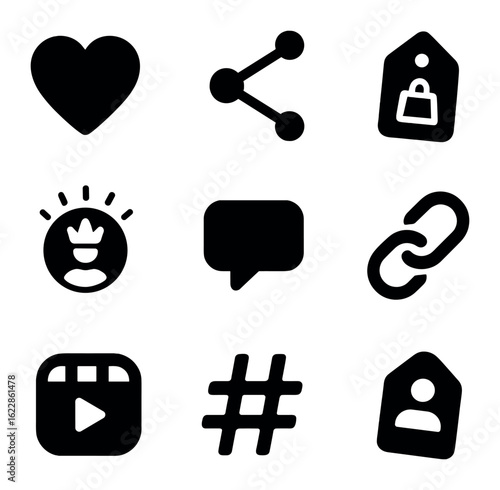 Social Shopping Icons. olid, filled icons set of social shopping features: like button, share icon, shop now