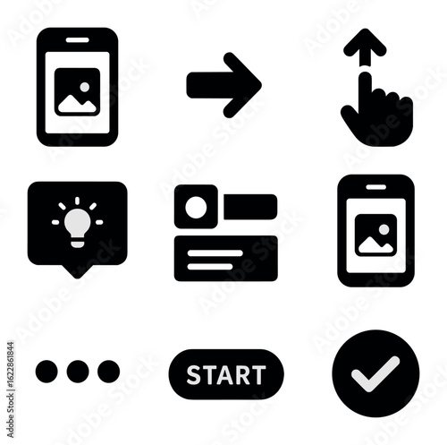 Mobile App Onboarding Icons. olid, filled icons set of mobile app onboarding: intro screen, next arrow, swipe