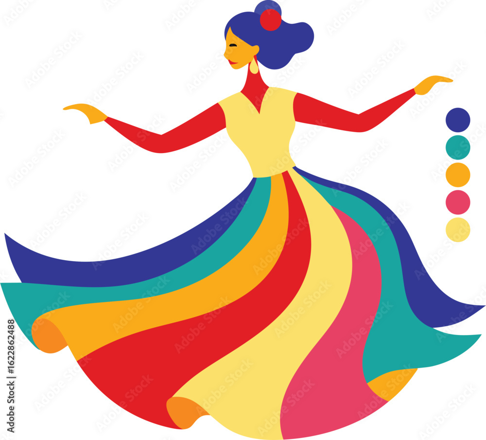 Obraz premium Vibrant Rainbow Dress: Colorful Woman Dancing Illustration
