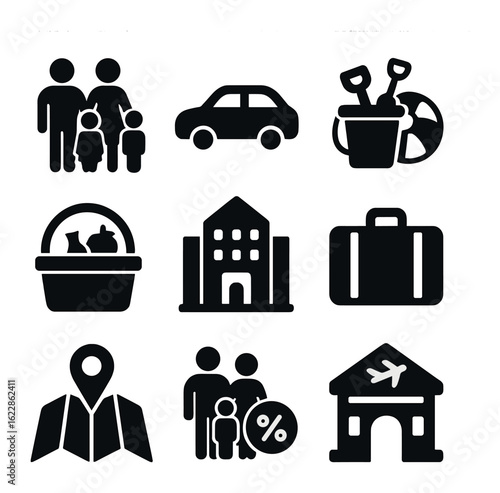 Family Vacation Icons. olid, filled icons set of family vacation banners: parents with kids, car, beach toys,