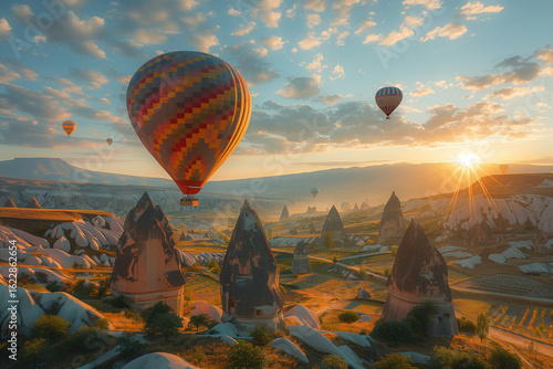 Hot air balloons flying over Cappadocia Turkey at sunrise with colorful skies and scenic landscape
