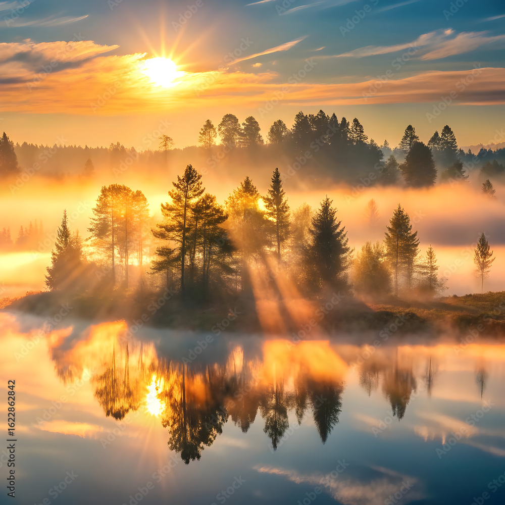 Obraz premium Golden sunbeams pierce misty forest and calm water