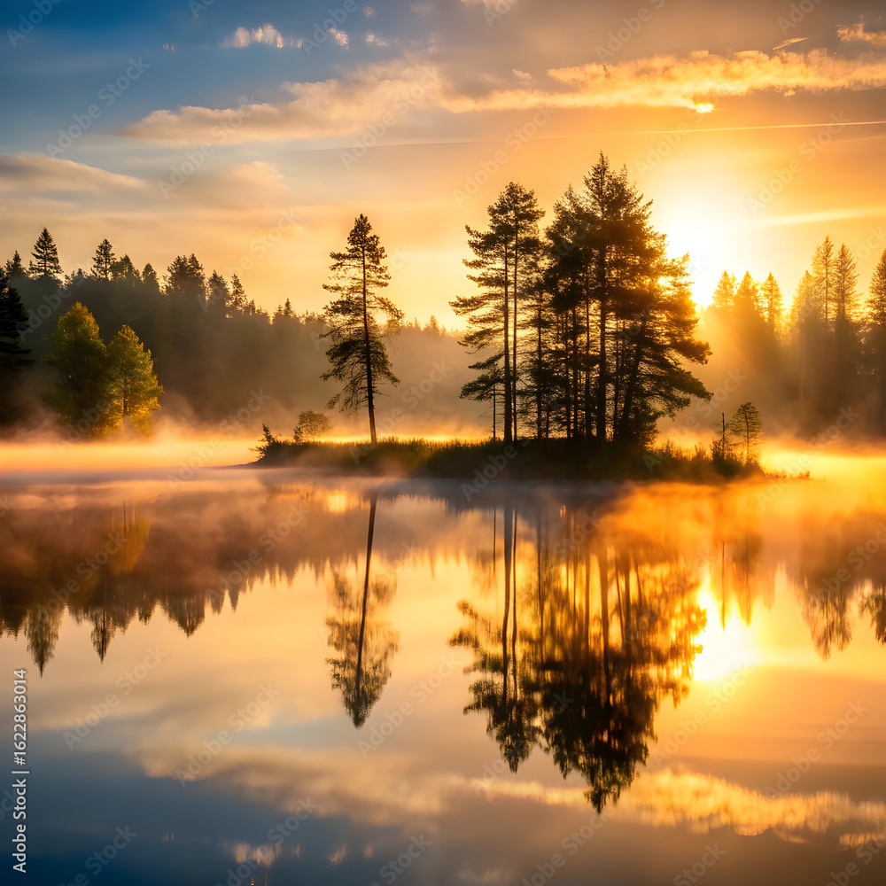 Fototapeta premium Golden sunrise over misty forest lake trees