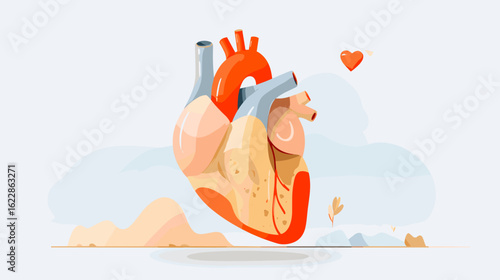 Illustrated human heart with arteries and love symbol in background  