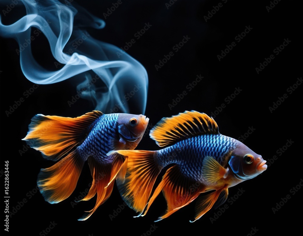 Fototapeta premium Two vibrant fish swim gracefully amidst ethereal blue smoke against a black backdrop.