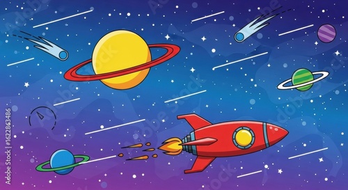 Illustrative exploration through cosmic realms showcasing stylized planets and a vibrant red