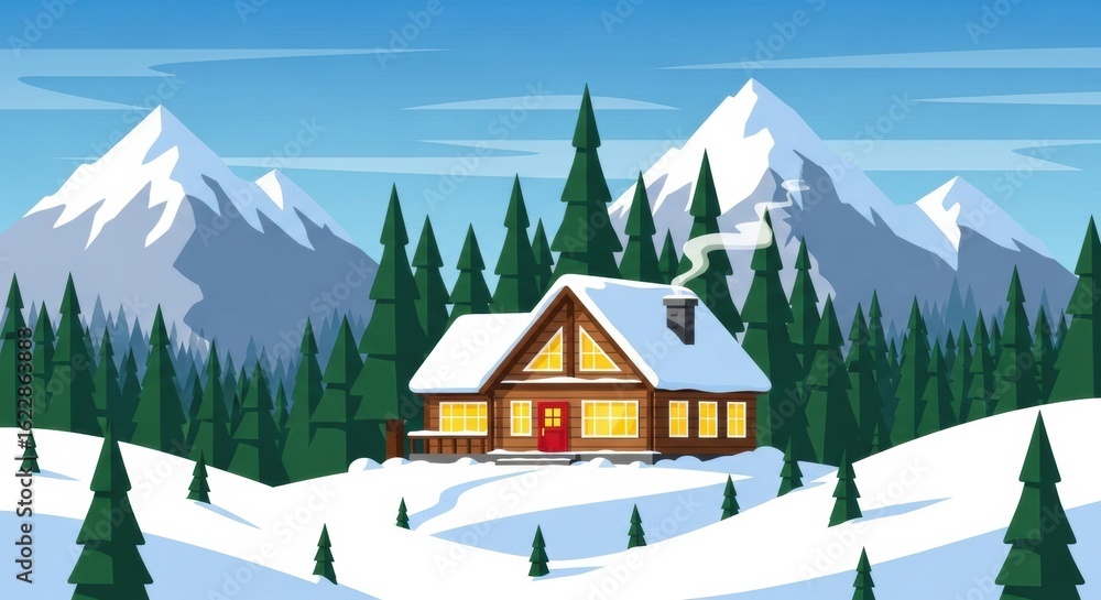Fototapeta premium Enchanting winter cabin nestled within a serene snowy landscape surrounded by majestic mountains