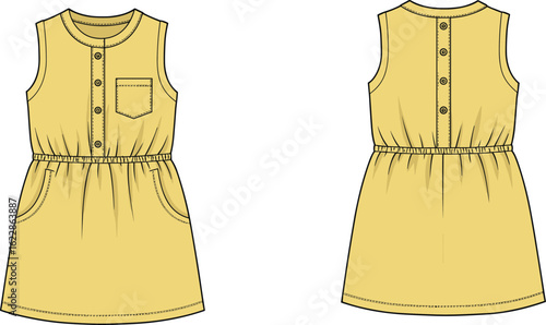 Technical flat sketch of a women's maxi dress featuring a halter neck with a self-tie bow, elasticated waist, and side pockets, presented in front and back views, for comfortable summer wear.