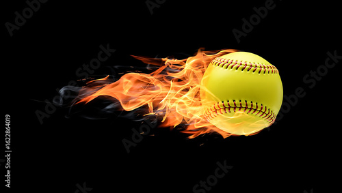 Flaming Softball Flying Through the Air with Intense Speed and Power on Dark Background Sports Concept