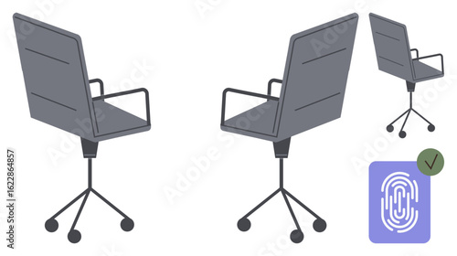 Three modern office chairs on wheels paired with a fingerprint authentication icon. Ideal for security, workplace systems, technology, access control, office design, innovation, simple flat metaphor