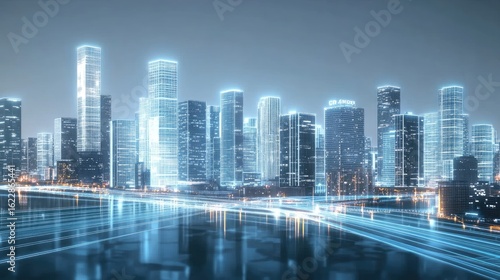 Futuristic Cityscape 3D Render with Glowing White Skyscrapers and Data Streams on Light Blue Background, Dynamic Motion Blur Effect