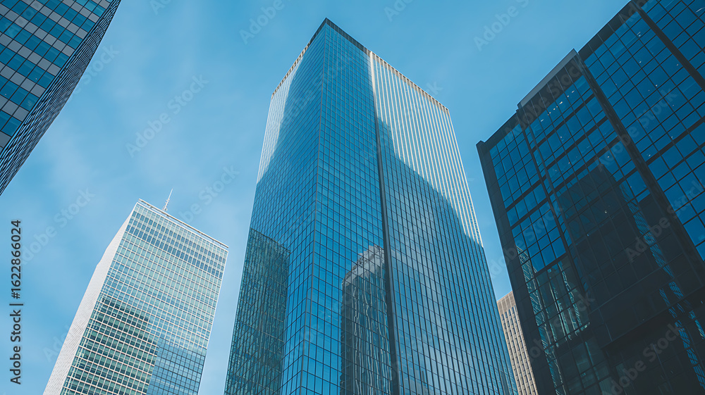 Obraz premium Low angle view of modern glass skyscrapers against a clear blue sky building architecture