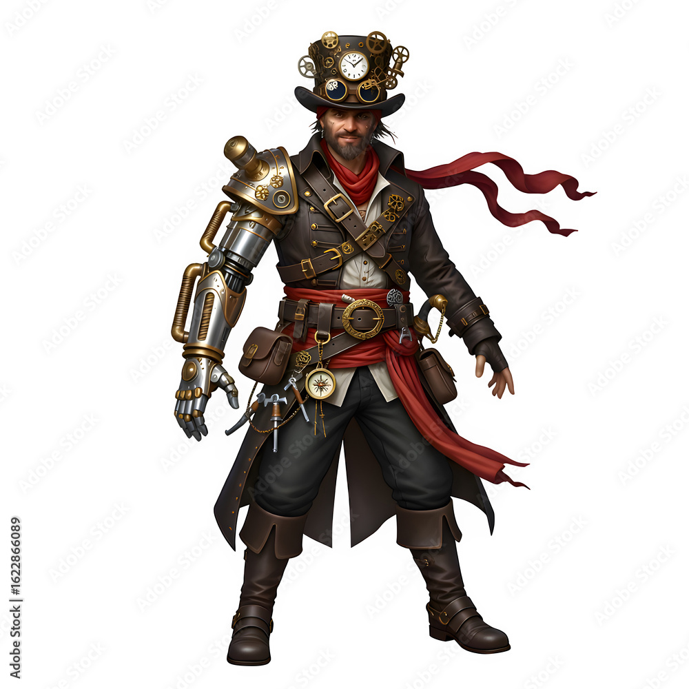 Fantasy illustration of a steampunk inventor character with a clockwork prosthetic arm and goggles. Fantasy illustration of a steampunk inventor character with a clockwork prosthetic arm and goggles.