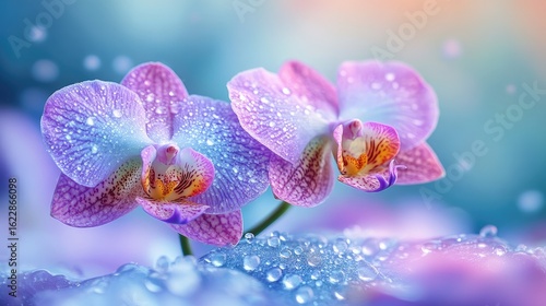 Close-up of two elegant Phalaenopsis orchid flowers blooming against a soft, colorful bokeh background. A concept for beauty, spa, wellness, tranquility, and nature.