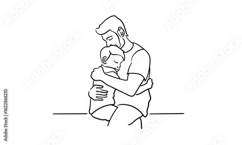 Continious line happy father hugs his son on white background. Parents with baby outline. Line art drawing. Vector illustration