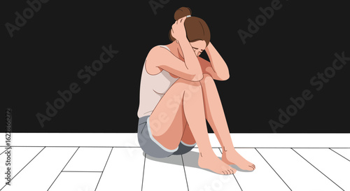 Woman sitting cross-legged on white tiled floor in light pink tank top and gray shorts