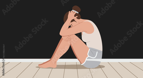Female figure in contemplative pose on wooden floor against black background