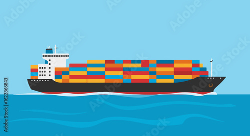 Sleek black cargo ship with colorful containers sailing on calm blue sea under clear sky