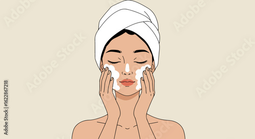 Woman applying foaming cleanser during skincare routine