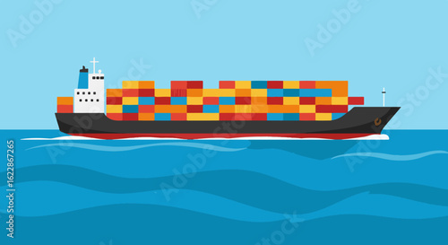 Cargo ship with colorful containers sailing on calm blue waters under a clear sky