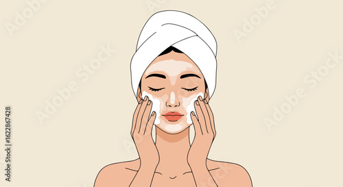 Woman applying white facial mask with light blue towel on head